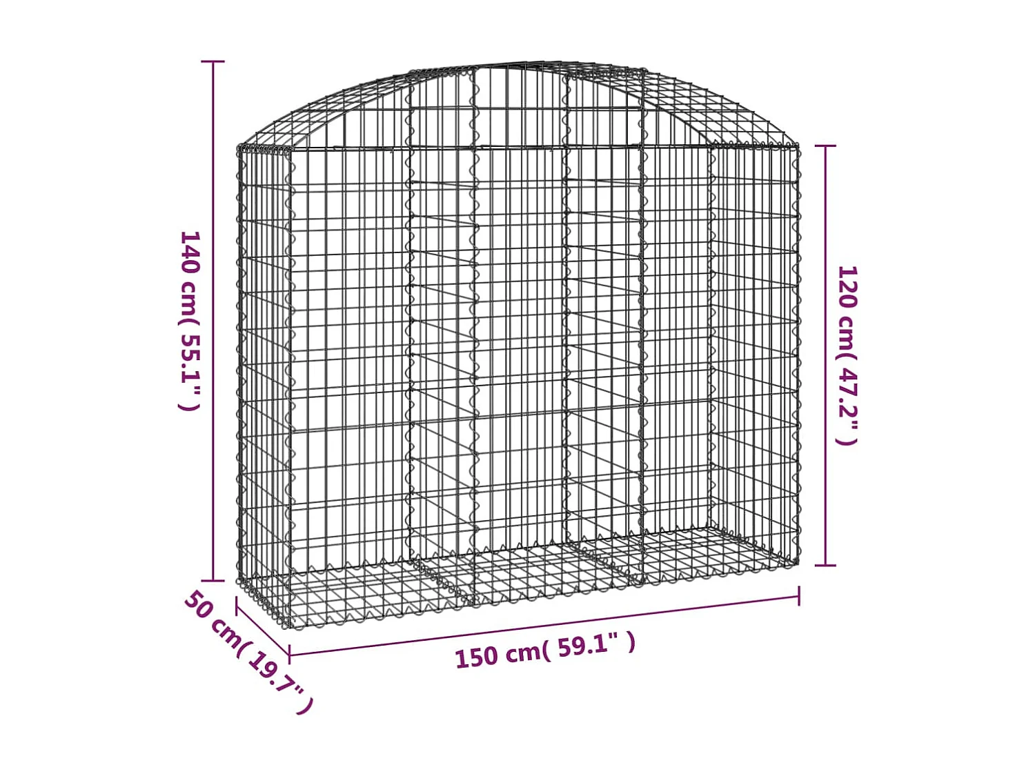 Panier de gabions arqué 150x50x120/140 cm Fer galvanisé