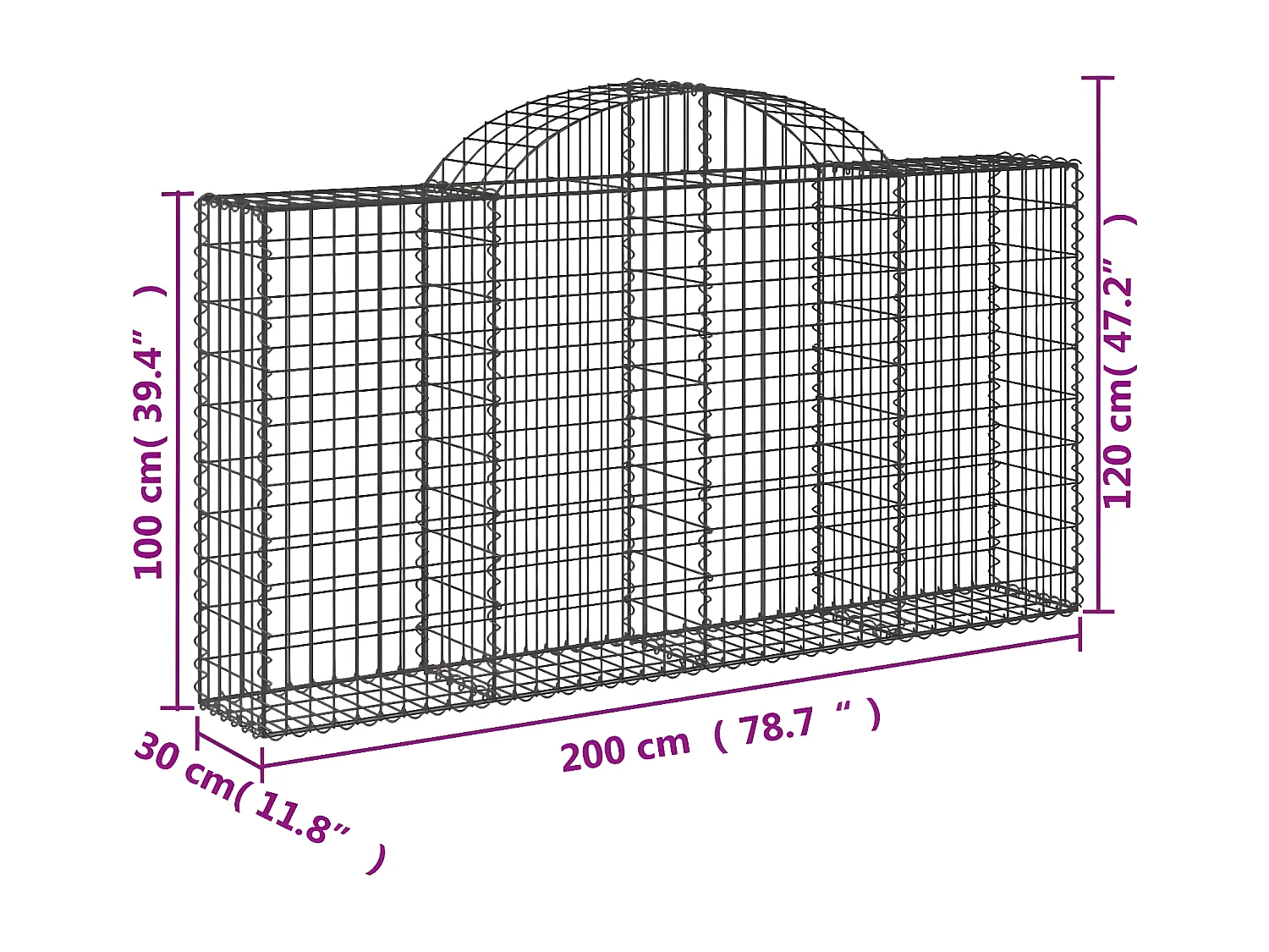Paniers à gabions arqués 30 pièces 200x30x100/120 cm Fer galvanisé