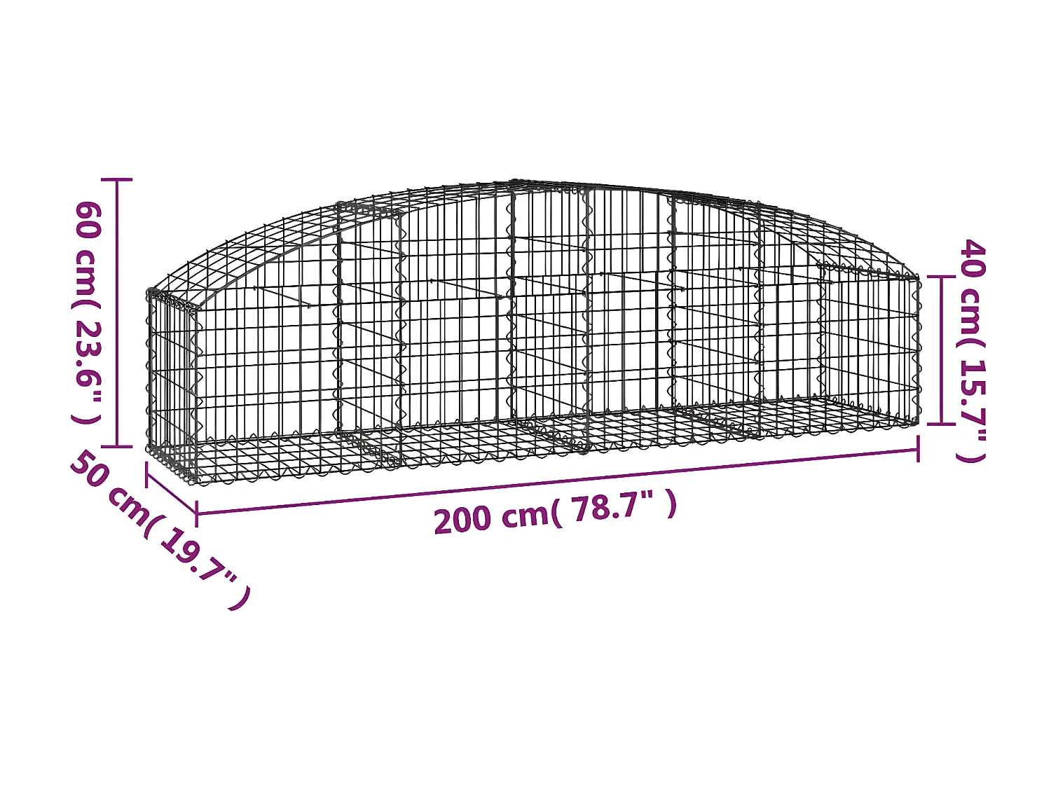 Cesta de gaviones forma arco hierro galvanizado 200x50x40/60 cm