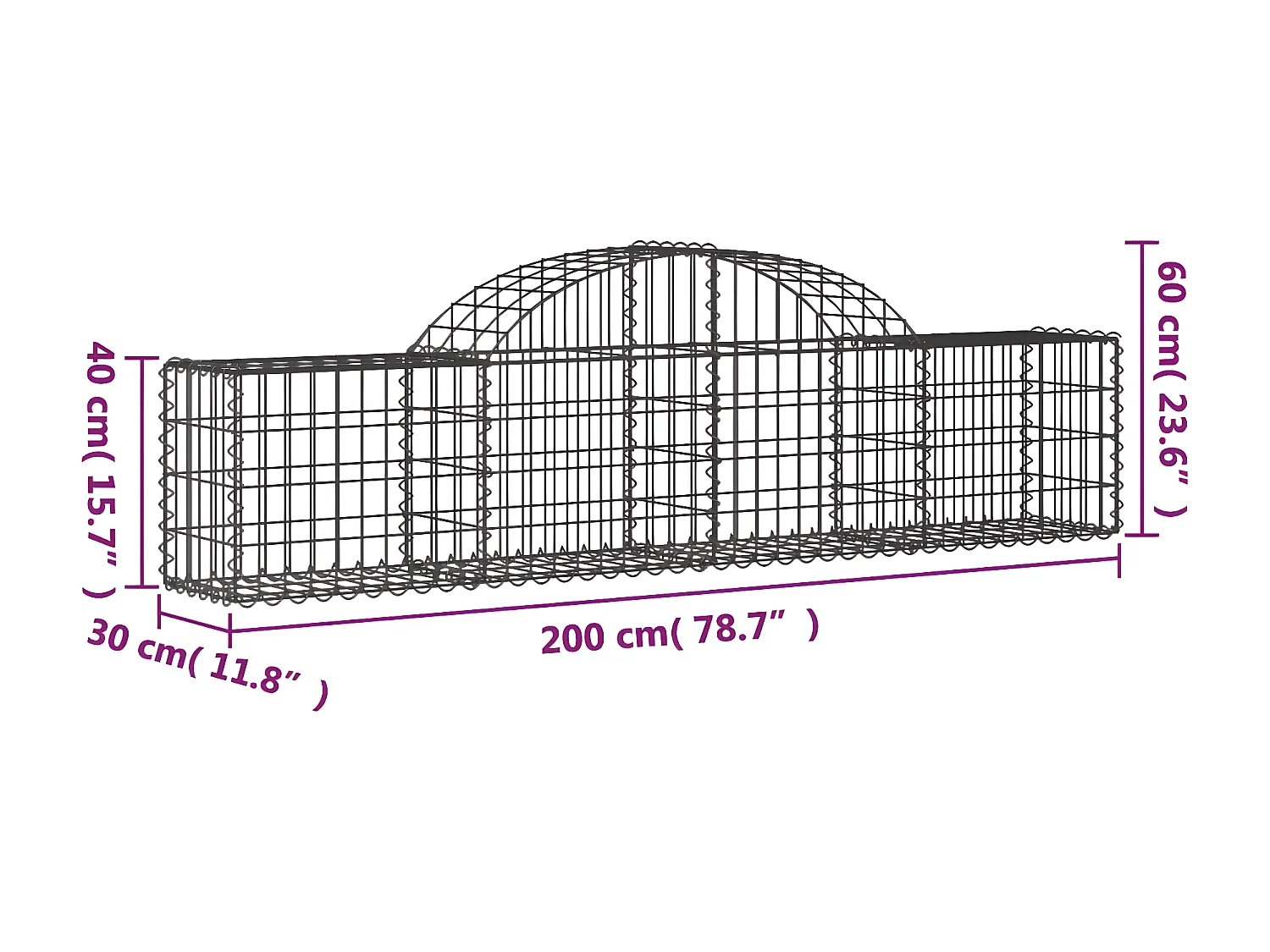 Paniers à gabions arqués 30 pièces 200x30x40/60 cm Fer galvanisé