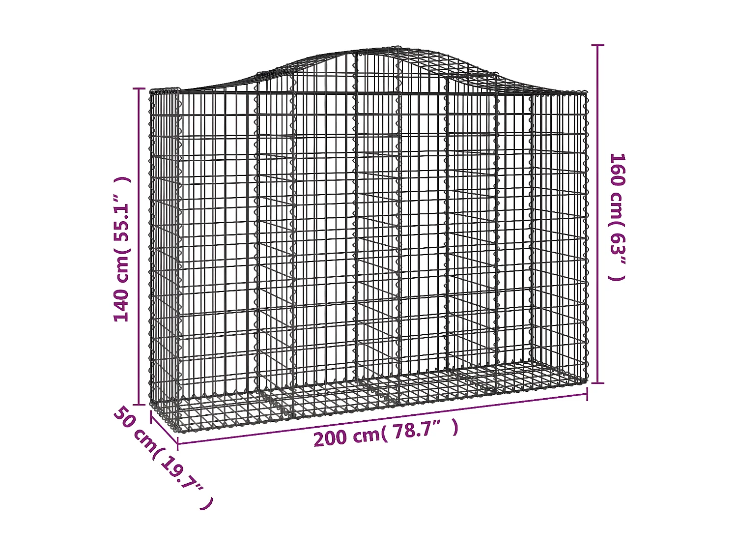 Panier de gabions arqué 200x50x140/160 cm Fer galvanisé