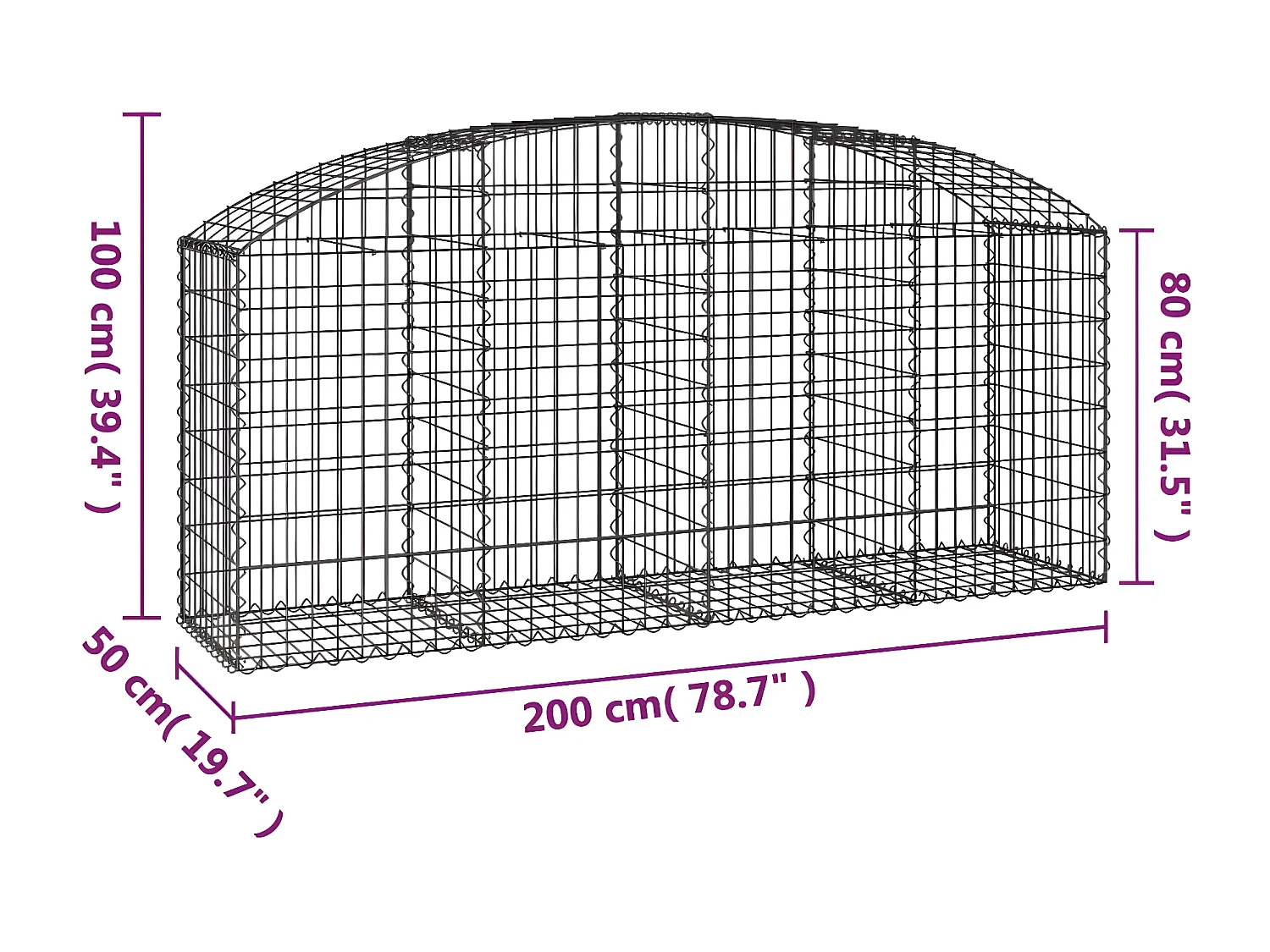 Cesta de gaviones forma arco hierro galvanizado 200x50x80/100cm