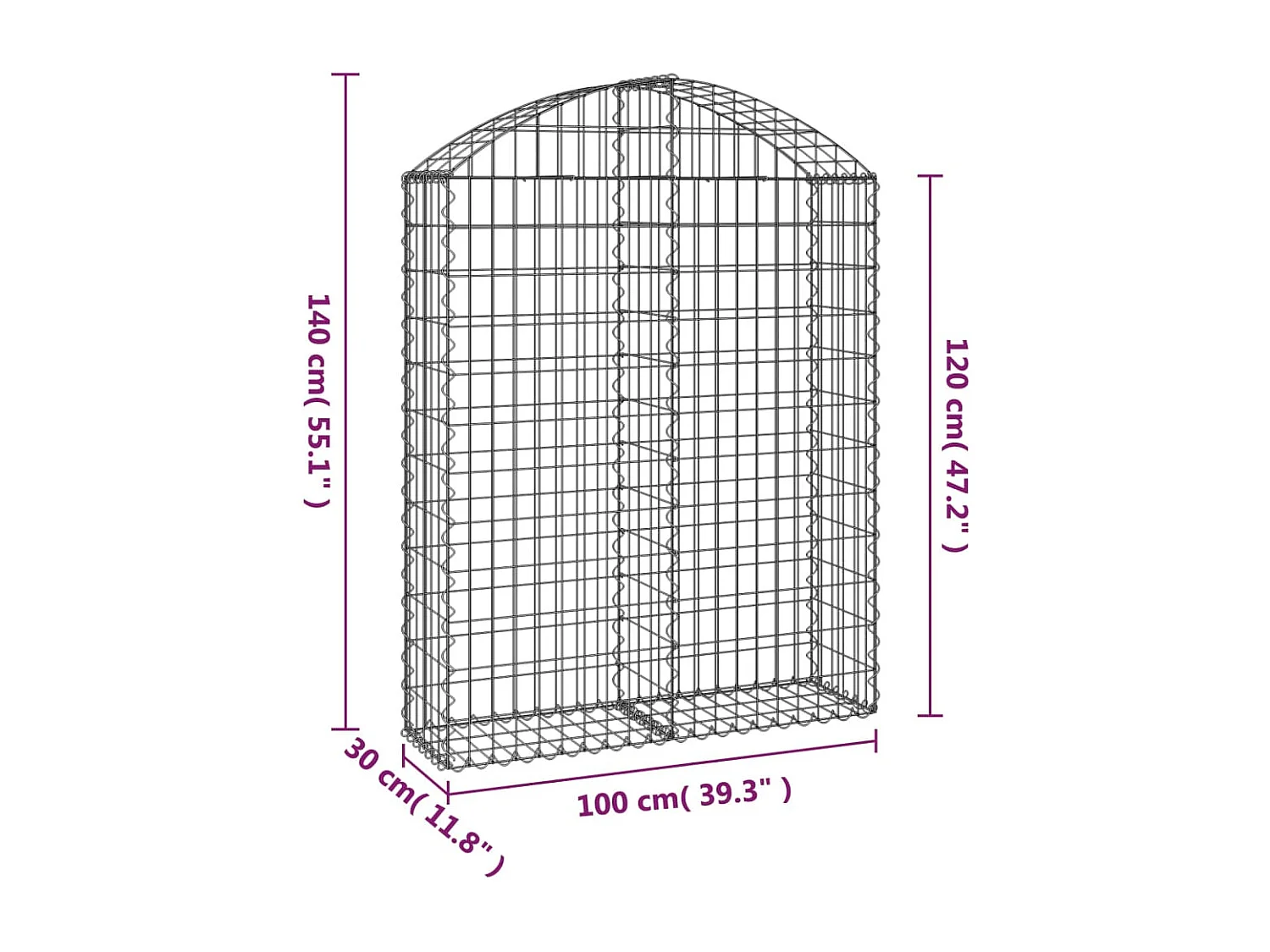 Cesta gaviones forma arco hierro galvanizado 100x30x120/140 cm
