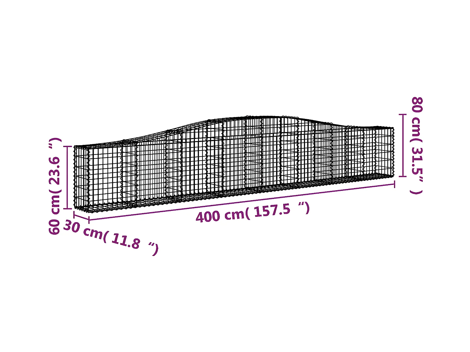 Paniers à gabions arqués 4 pièces 400x30x60/80 cm Fer galvanisé