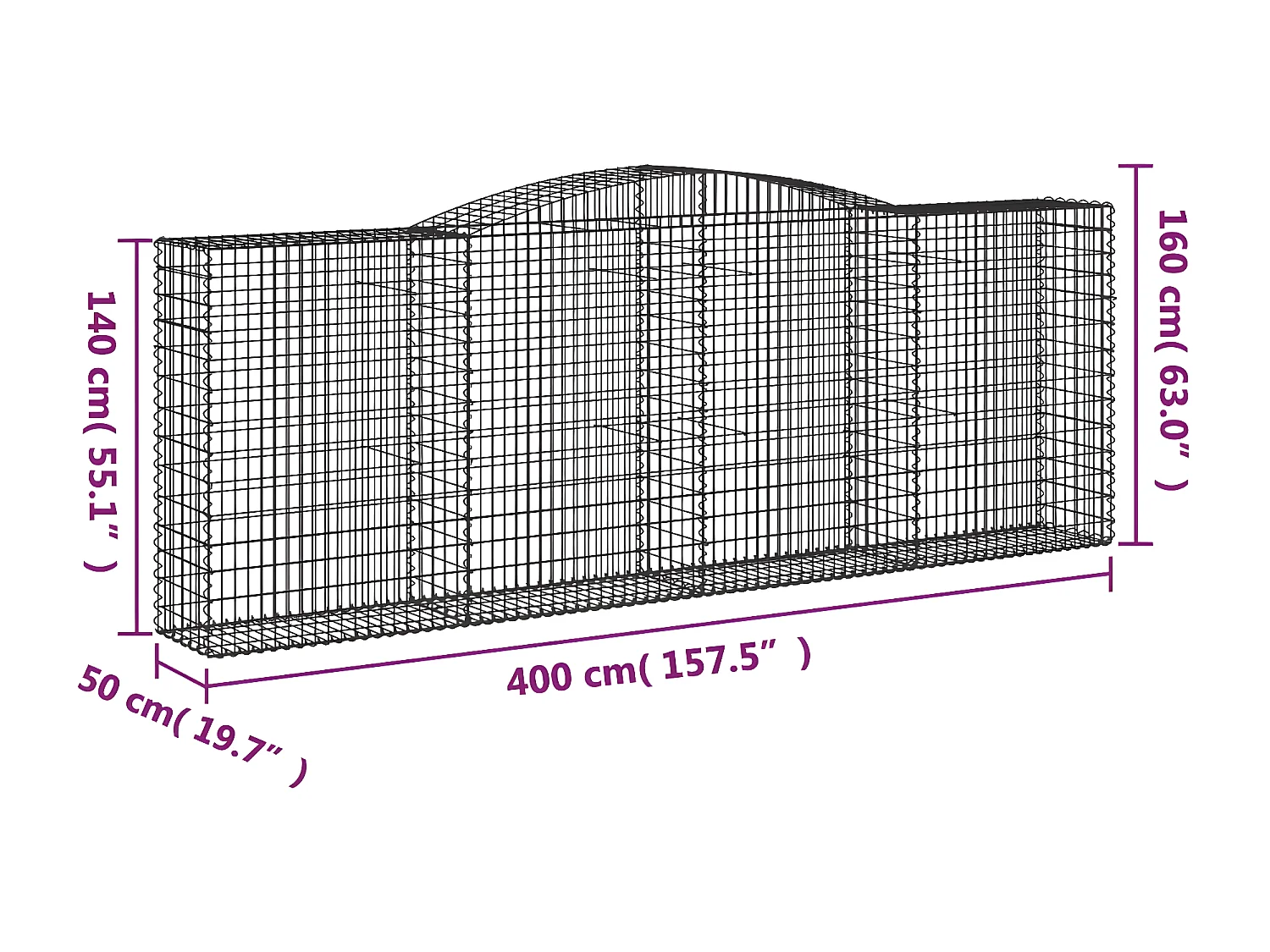 Paniers à gabions arqués 25 pièces 400x50x140/160 cm Fer galvanisé