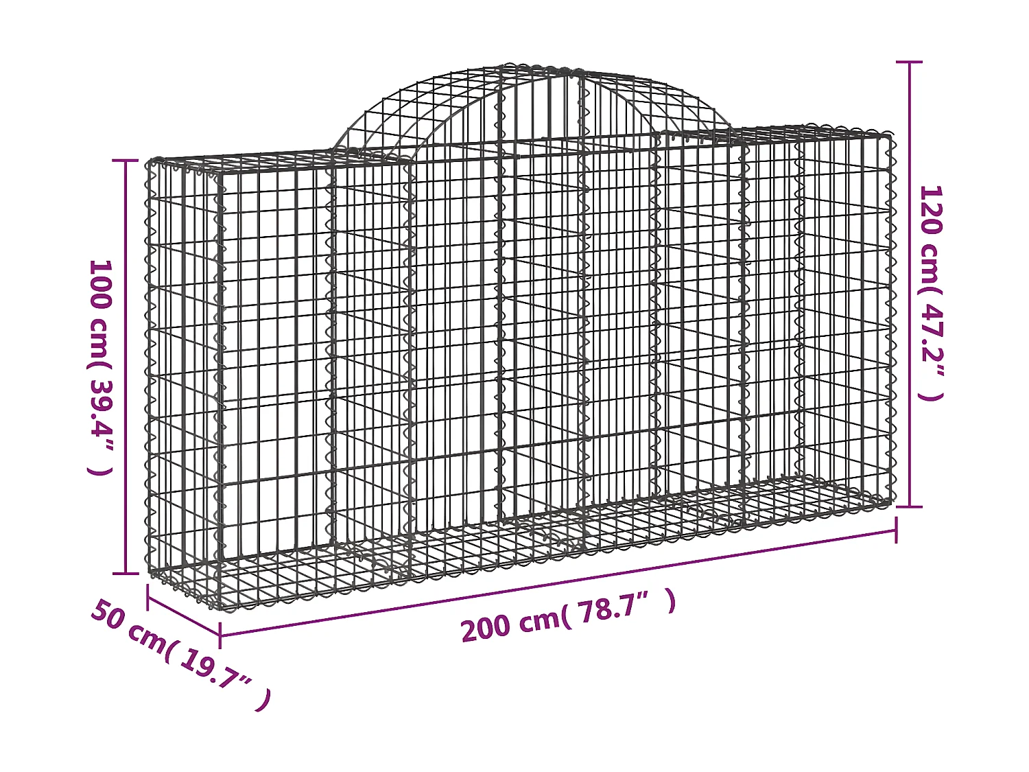 Cestos gabião arqueados 50 peças 200x50x100/120 ferro galvanizado