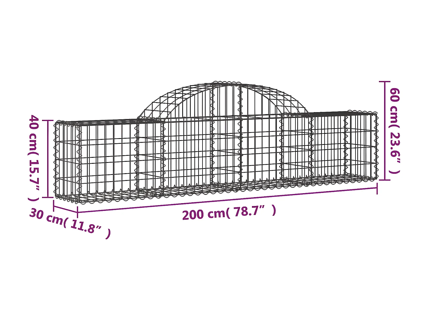 Panier de gabions arqué 200x30x40/60 cm Fer galvanisé