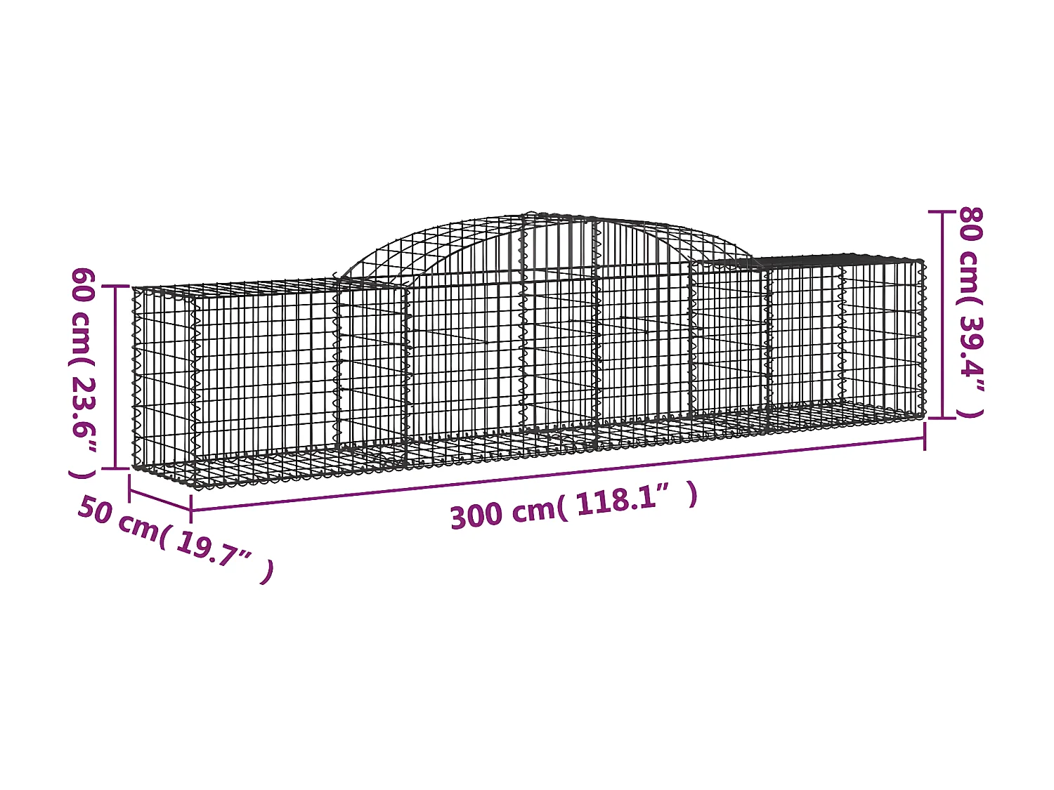 Panier de gabions arqué 300x50x60/80 cm Fer galvanisé
