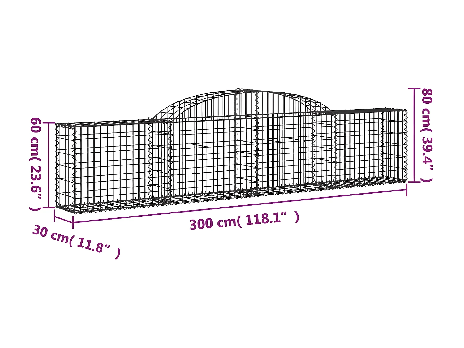 Panier de gabions arqué 300x30x60/80 cm Fer galvanisé