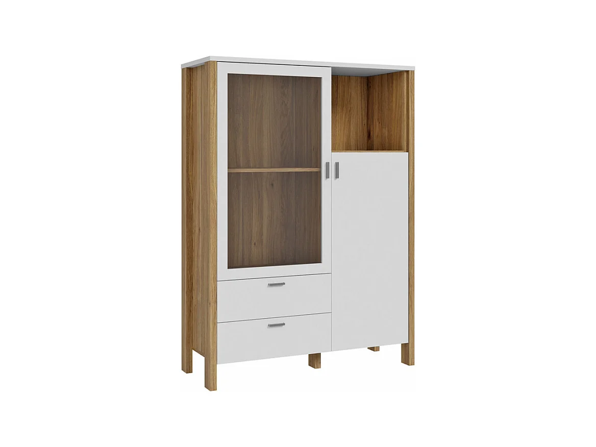 Armoirette vitrée H. 152 cm avec décor gris clair et chêne - DEVONNE