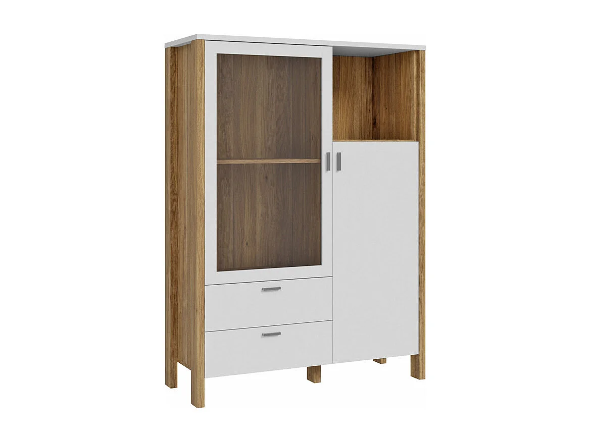 Armoirette vitrée H. 152 cm avec décor gris clair et chêne - DEVONNE