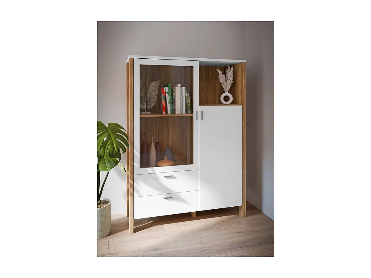 Armoirette vitrée H. 152 cm avec décor gris clair et chêne - DEVONNE