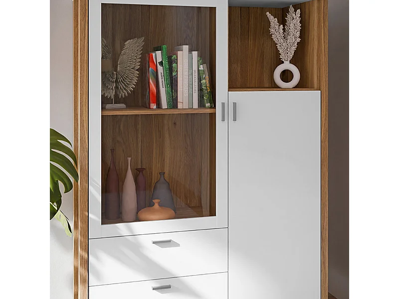 Armoirette vitrée H. 152 cm avec décor gris clair et chêne - DEVONNE