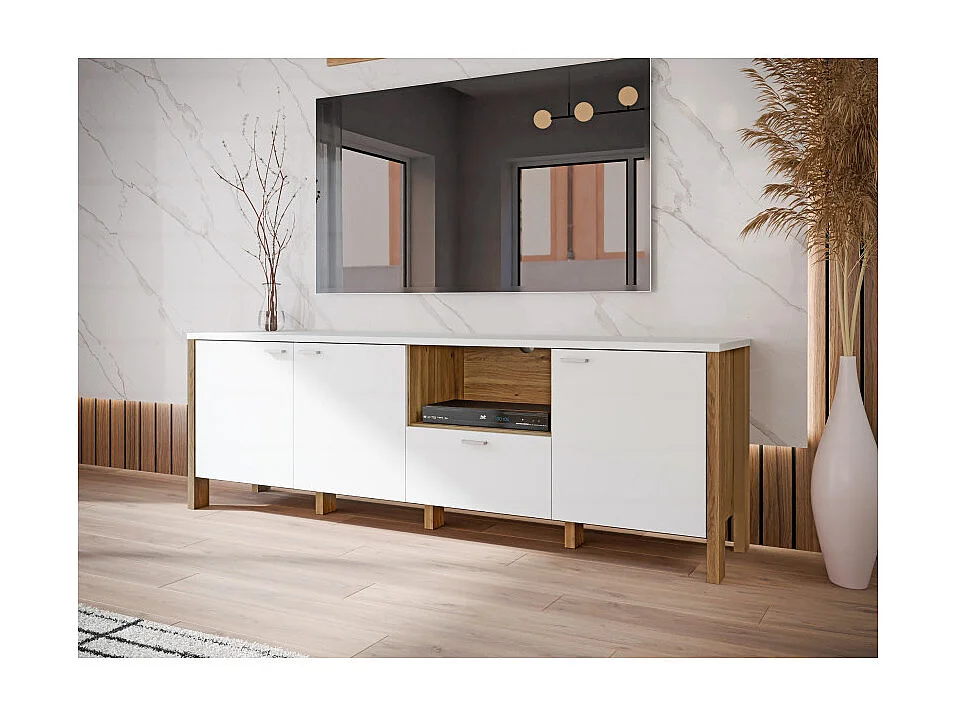 Meuble TV L. 193 cm avec décor gris clair et chêne - DEVONNE