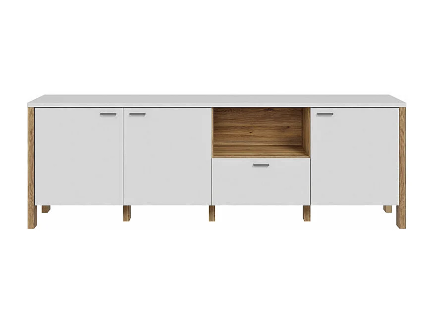 Meuble TV L. 193 cm avec décor gris clair et chêne - DEVONNE