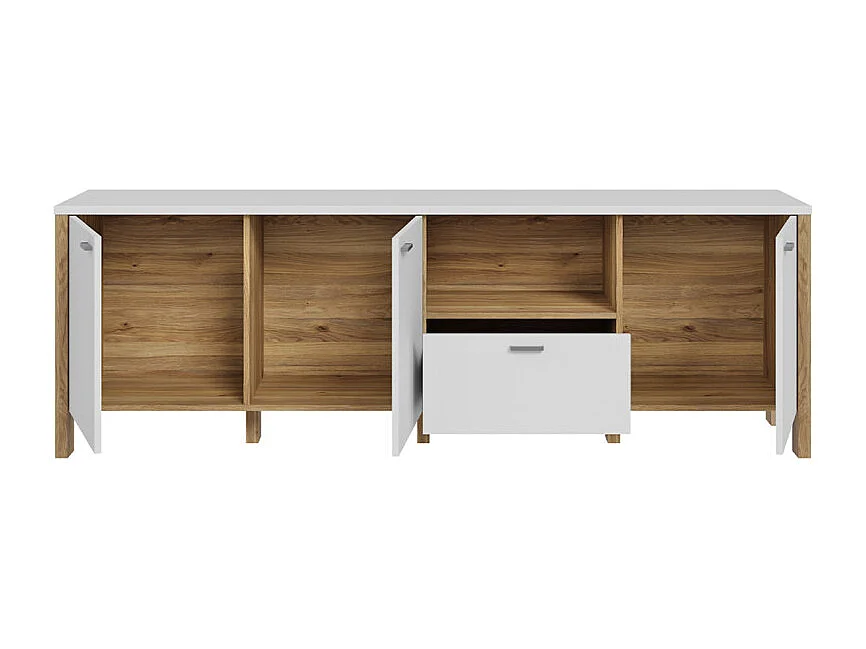 Meuble TV L. 193 cm avec décor gris clair et chêne - DEVONNE