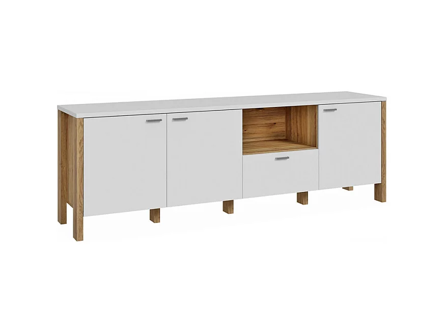 Meuble TV L. 193 cm avec décor gris clair et chêne - DEVONNE