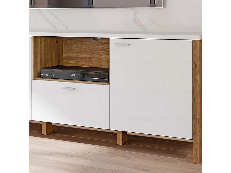 Meuble TV L. 193 cm avec décor gris clair et chêne - DEVONNE