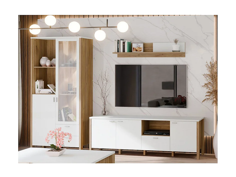 Meuble TV L. 193 cm avec décor gris clair et chêne - DEVONNE