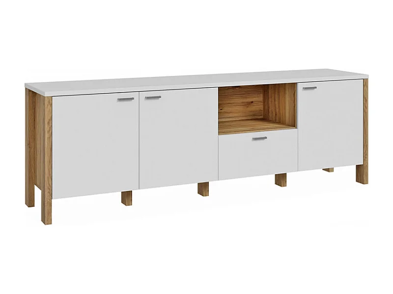 Meuble TV L. 193 cm avec décor gris clair et chêne - DEVONNE