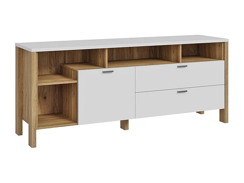 Meuble TV L. 162 cm avec décor gris clair et chêne - DEVONNE