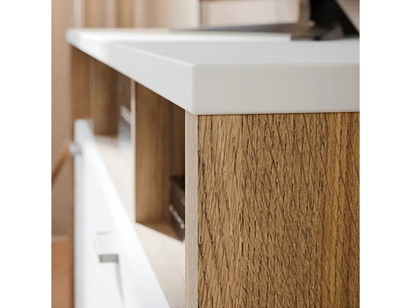 Meuble TV L. 162 cm avec décor gris clair et chêne - DEVONNE