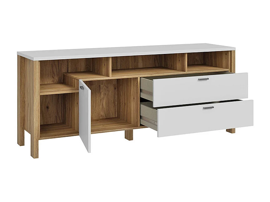 Meuble TV L. 162 cm avec décor gris clair et chêne - DEVONNE