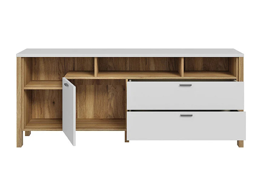 Meuble TV L. 162 cm avec décor gris clair et chêne - DEVONNE