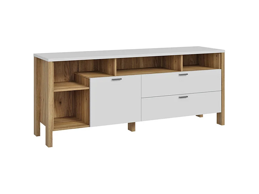 Meuble TV L. 162 cm avec décor gris clair et chêne - DEVONNE