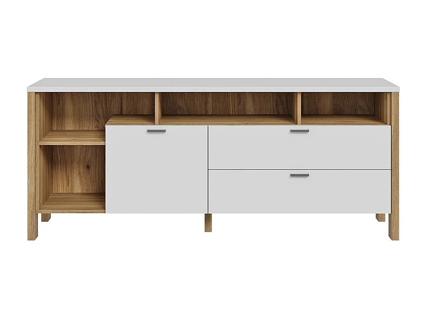 Meuble TV L. 162 cm avec décor gris clair et chêne - DEVONNE