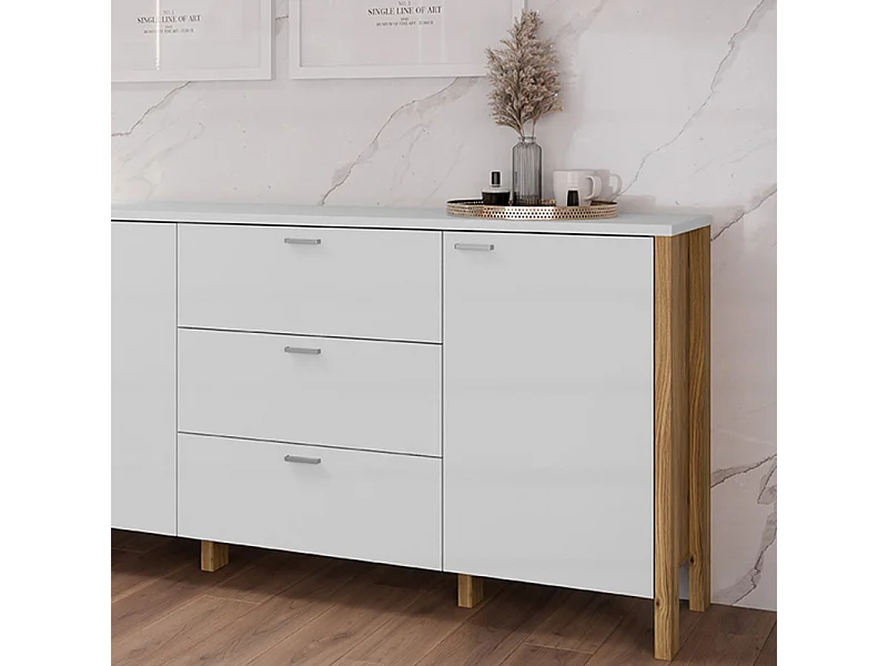 Buffet L. 208 cm décor gris clair / chêne et poignées métal - DEVONNE