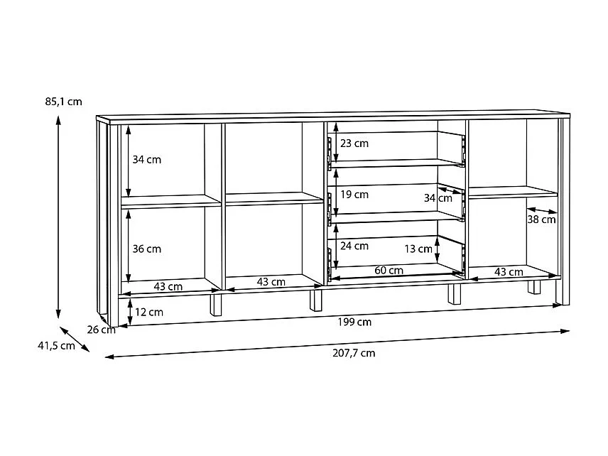 Buffet L. 208 cm décor gris clair / chêne et poignées métal - DEVONNE