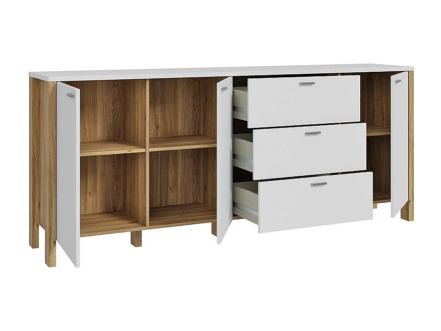 Buffet L. 208 cm décor gris clair / chêne et poignées métal - DEVONNE