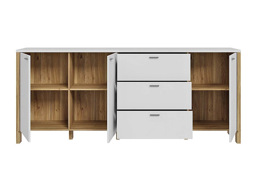 Buffet L. 208 cm décor gris clair / chêne et poignées métal - DEVONNE