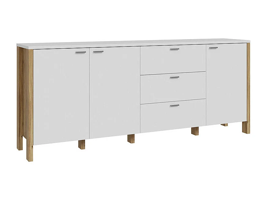 Buffet L. 208 cm décor gris clair / chêne et poignées métal - DEVONNE