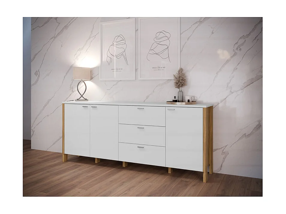 Buffet L. 208 cm décor gris clair / chêne et poignées métal - DEVONNE