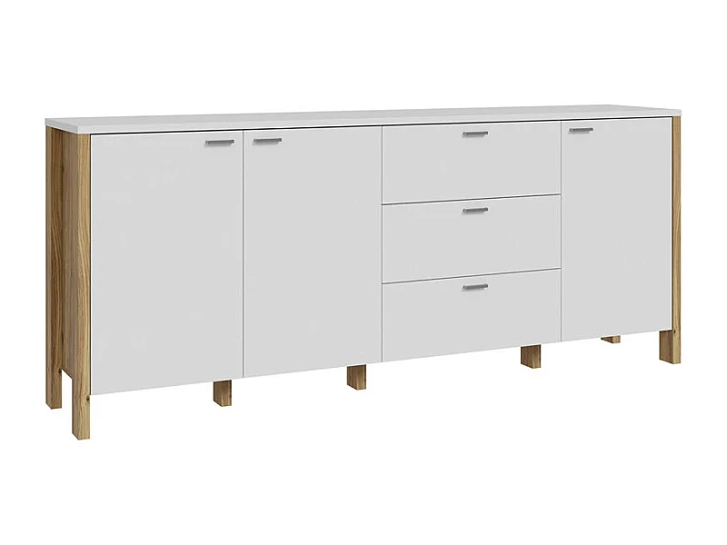 Buffet L. 208 cm décor gris clair / chêne et poignées métal - DEVONNE