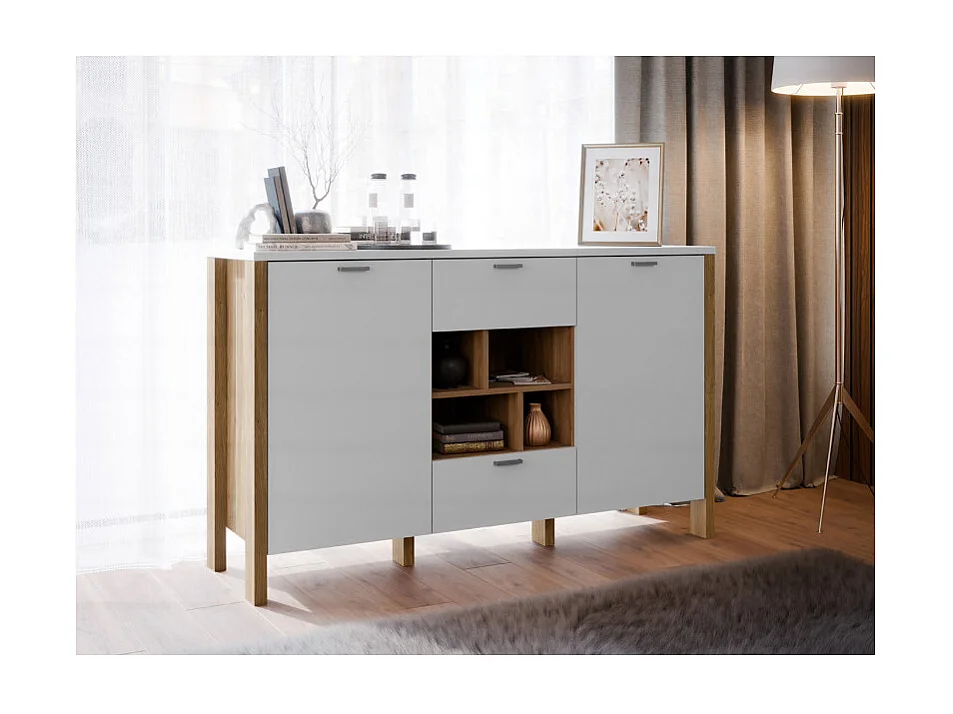 Buffet L. 141 cm décor gris clair / chêne et poignées métal - DEVONNE