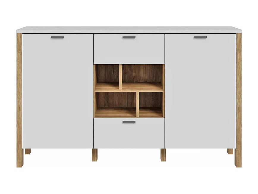 Buffet L. 141 cm décor gris clair / chêne et poignées métal - DEVONNE