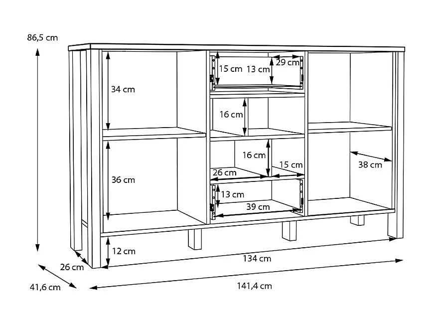 Buffet L. 141 cm décor gris clair / chêne et poignées métal - DEVONNE