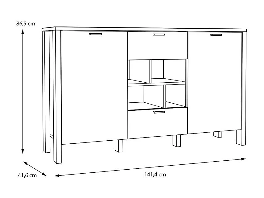 Buffet L. 141 cm décor gris clair / chêne et poignées métal - DEVONNE