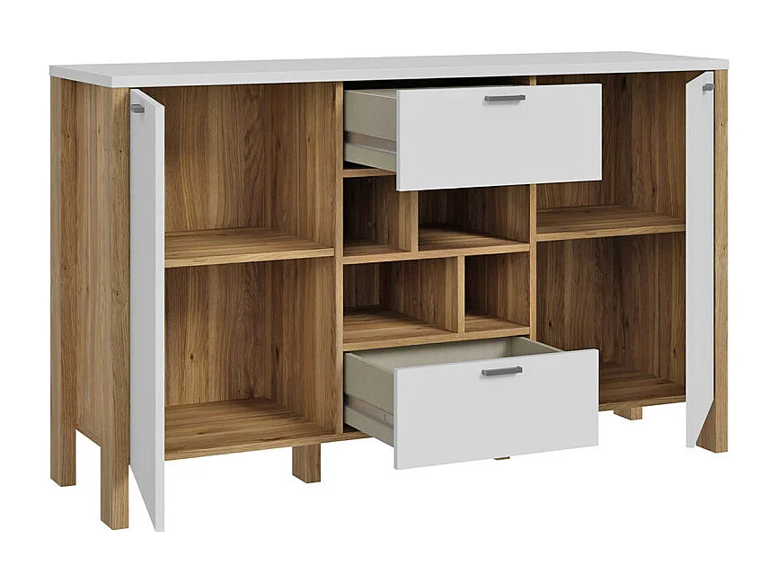 Buffet L. 141 cm décor gris clair / chêne et poignées métal - DEVONNE