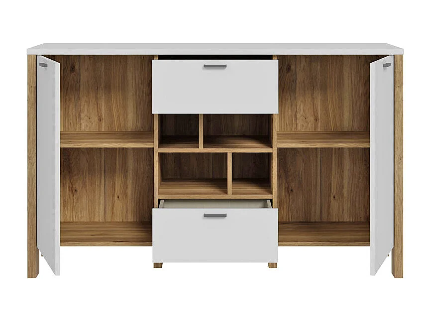 Buffet L. 141 cm décor gris clair / chêne et poignées métal - DEVONNE