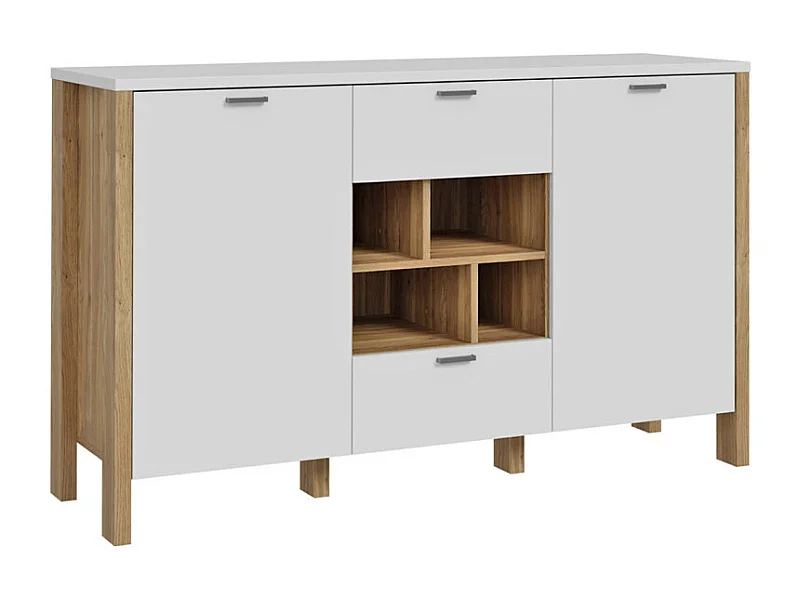 Buffet L. 141 cm décor gris clair / chêne et poignées métal - DEVONNE