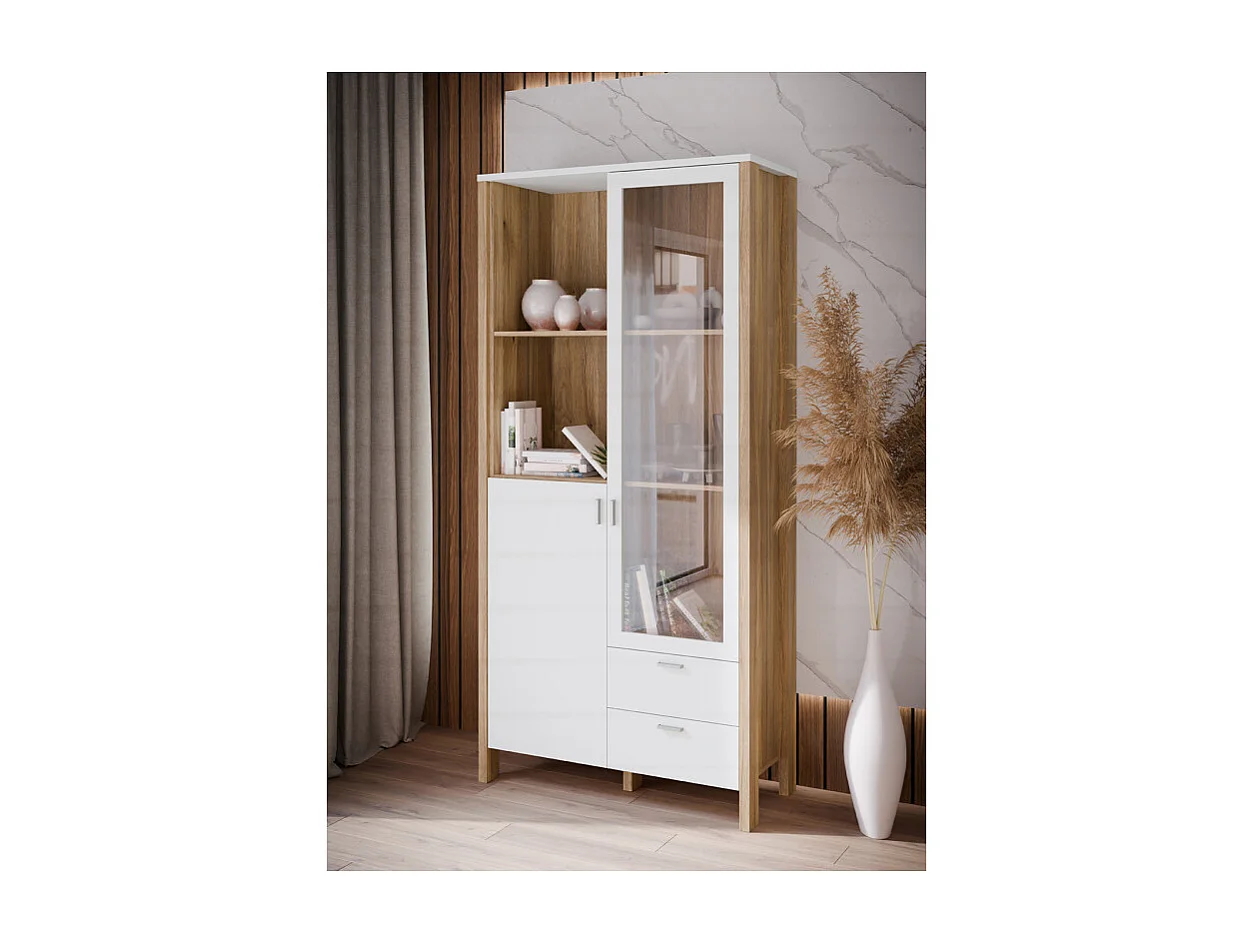 Vaisselier vitré H. 200 cm avec décor gris clair et chêne - DEVONNE