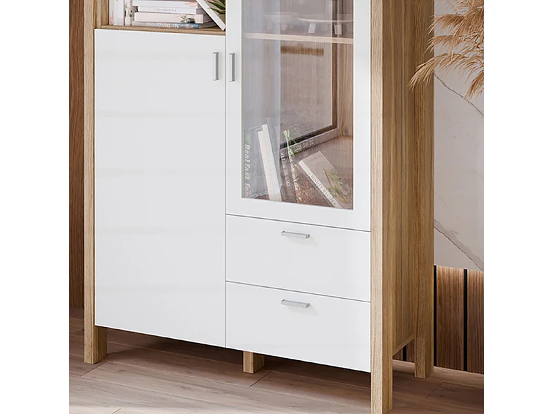 Vaisselier vitré H. 200 cm avec décor gris clair et chêne - DEVONNE