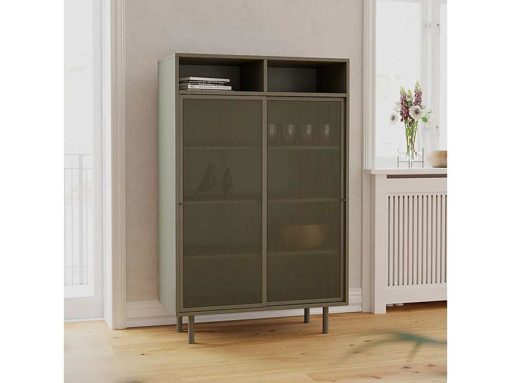 Kiso - Vaisselier 2 portes, 2 niches en métal H140cm - Vert olive