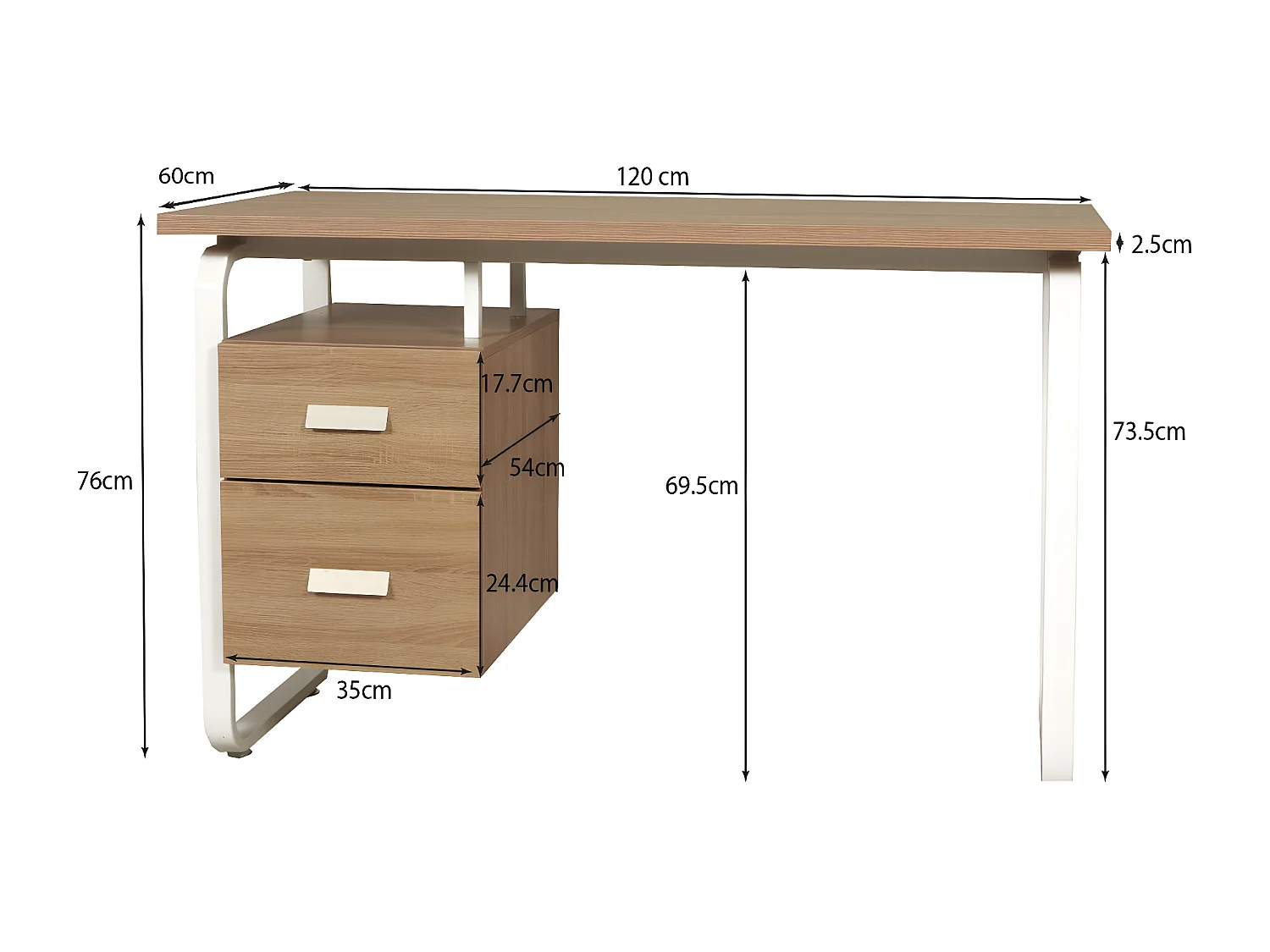 Bureau PEARL 120x60cm / Décor Chêne blanchi et métal blanc