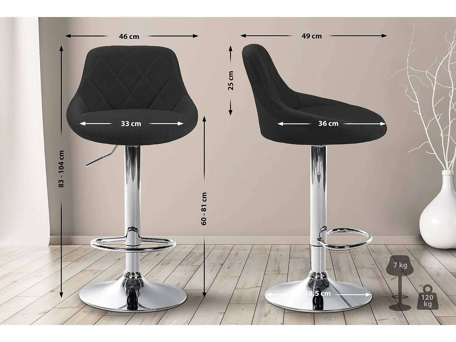 Tabouret de bar - Tissu & Chrome - Noir - Lazio