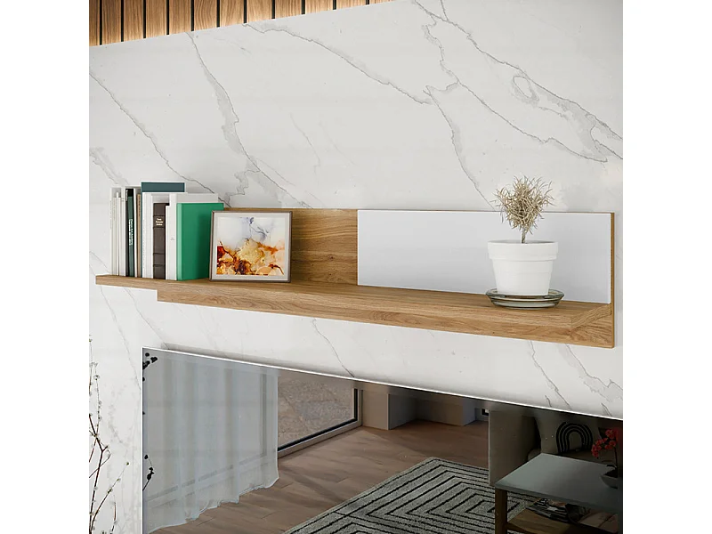 Étagère murale L. 125 cm avec décor gris clair et chêne - DEVONNE